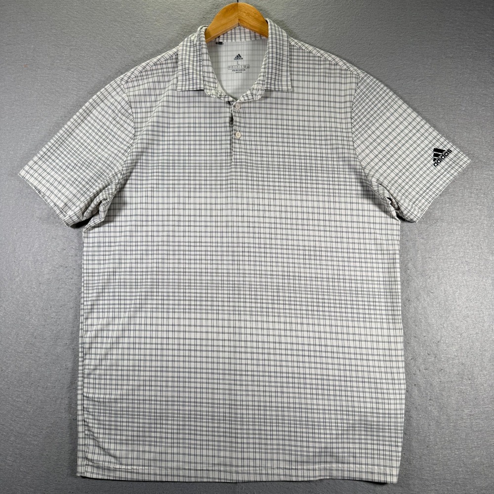 Adidas Golf Polo Shirt Mens Large‎ White Gray Plaid Short Sleeve Primegreen